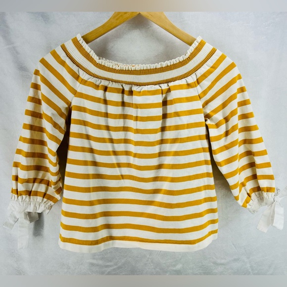 J. Crew Tops - J. Crew Off the Shoulder 3/4 sleeve Mustard and White Striped Top Size XSmall